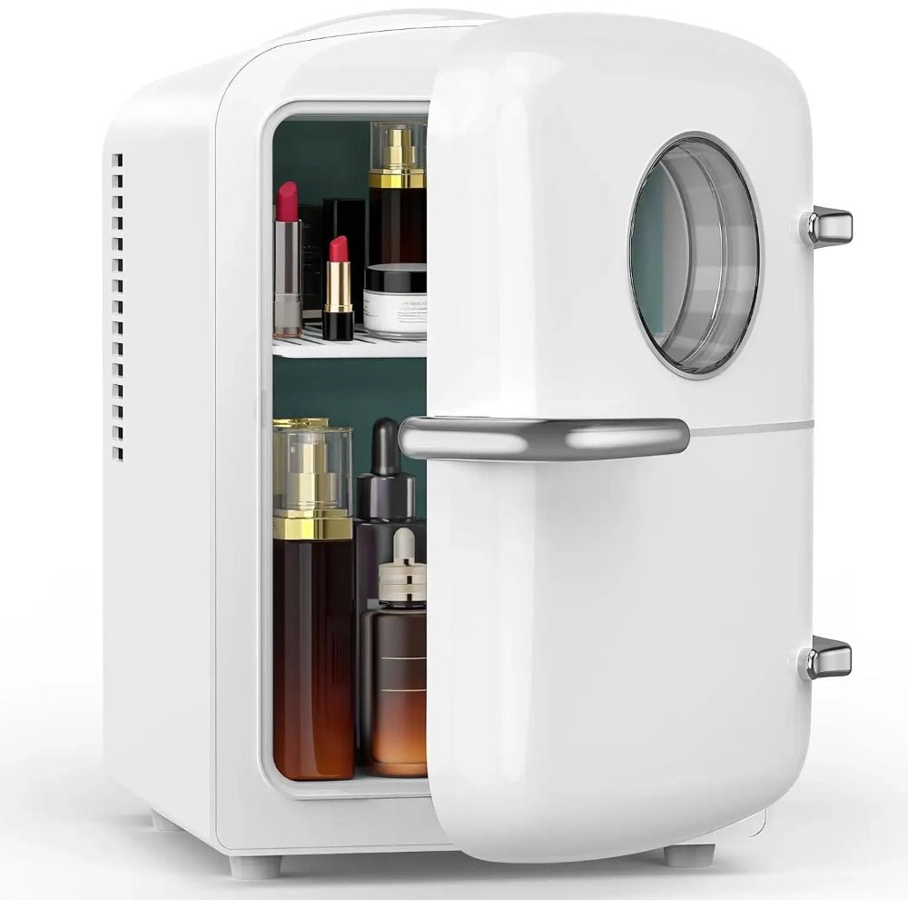 Mini fridge with freezer compartment featuring a sleek design, perfect for storing skincare products and snacks, ideal for bedroom and office use, 4L capacity, 0